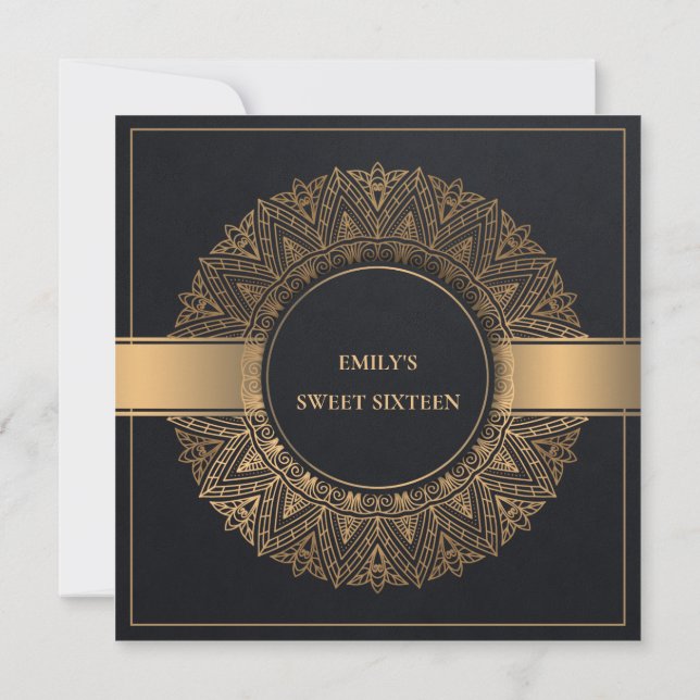 BLACK GOLD CLASSY ORNATE MANDALA SWEET 16 BIRTHDAY INVITATION (Back)