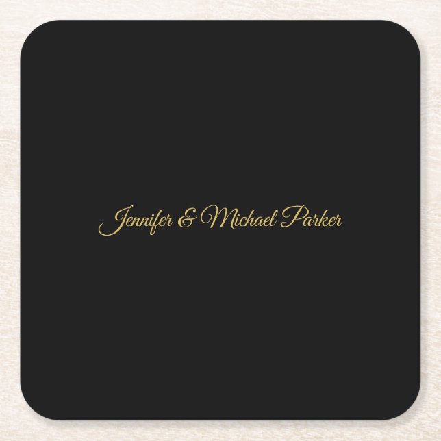 Black & Gold Colour Modern Creative Script Family Square Paper Coaster (Front)