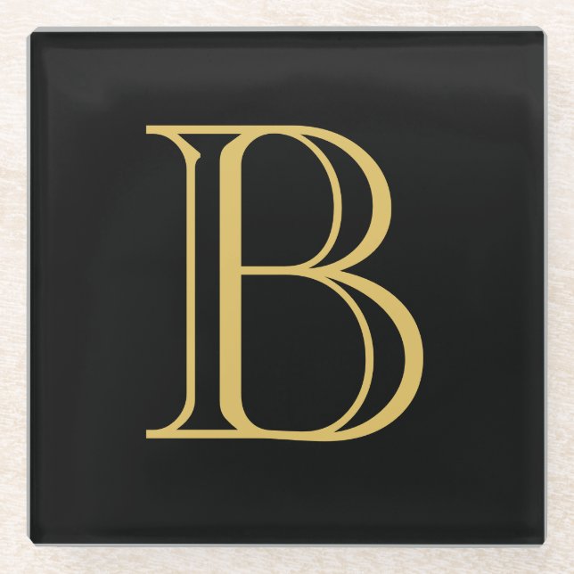 Black Gold Colour Monogram Professional Calligraph Glass Coaster (Front)