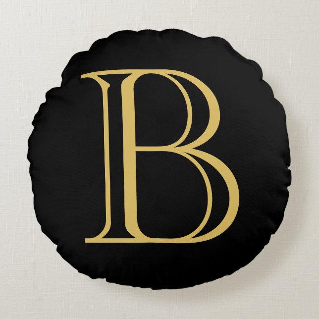 Black Gold Colour Monogram Professional Calligraph Round Pillow (Front)