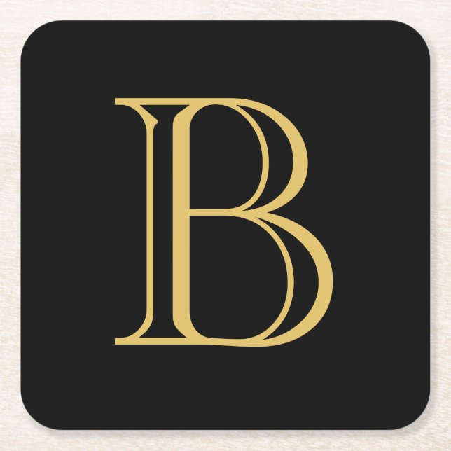 Black Gold Colour Monogram Professional Calligraph Square Paper Coaster (Front)