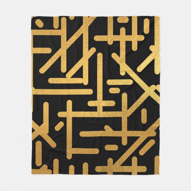 Black Gold coloured abstract lines pattern Fleece Blanket (Front)