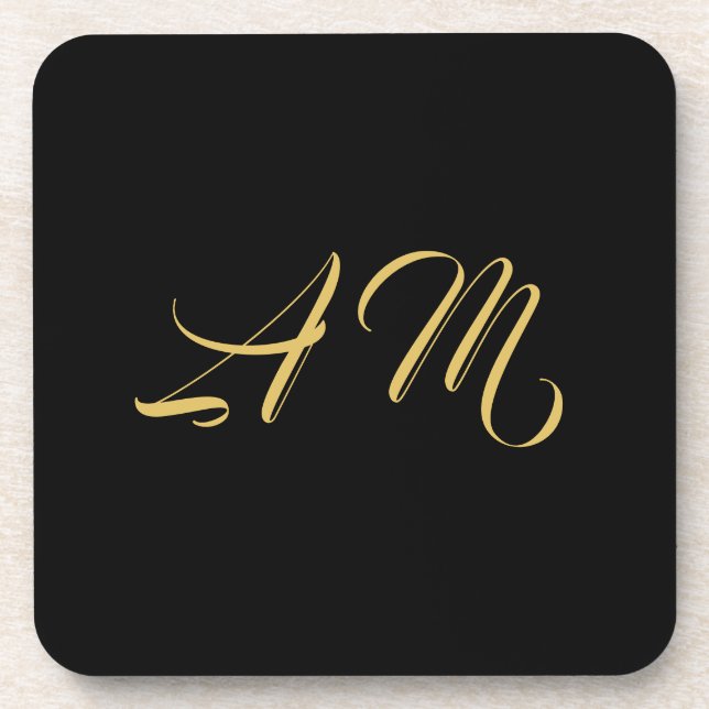 Black Gold Colours Monogram Initial Calligraphy Coaster (Front)