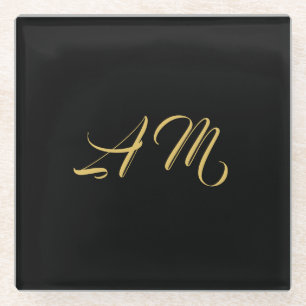 Black Gold Colours Monogram Initial Calligraphy Glass Coaster