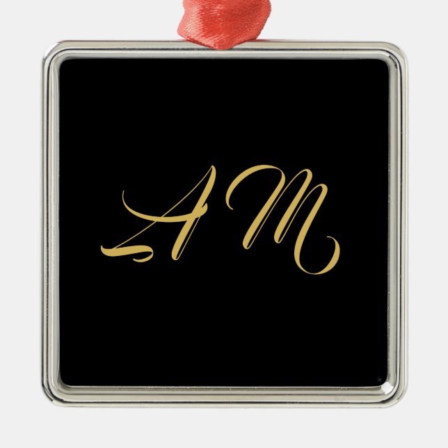 Black Gold Colours Monogram Initial Calligraphy Metal Ornament (Front)