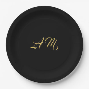Black Gold Colours Monogram Initial Calligraphy Paper Plate
