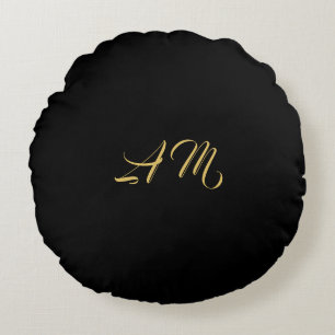 Black Gold Colours Monogram Initial Calligraphy Round Pillow