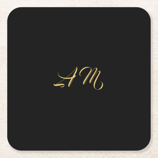 Black Gold Colours Monogram Initial Calligraphy Square Paper Coaster (Front)