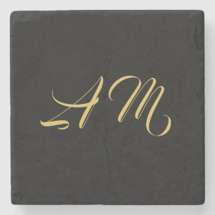 Black Gold Colours Monogram Initial Calligraphy Stone Coaster
