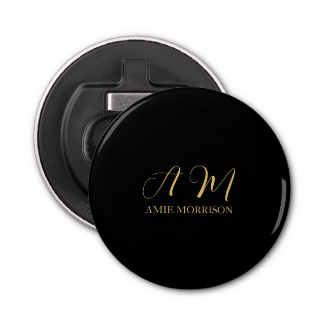 Black Gold Colours Monogram Initial Letter Name Bottle Opener (Front)