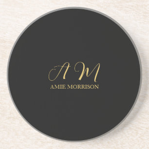 Black Gold Colours Monogram Initial Letter Name Coaster