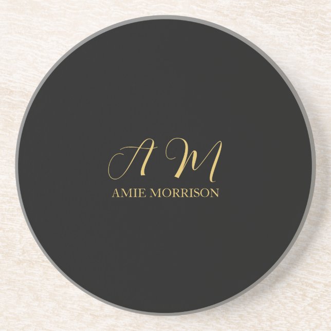 Black Gold Colours Monogram Initial Letter Name Coaster (Front)