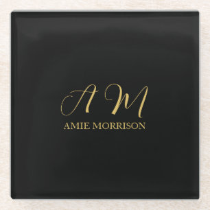 Black Gold Colours Monogram Initial Letter Name Glass Coaster