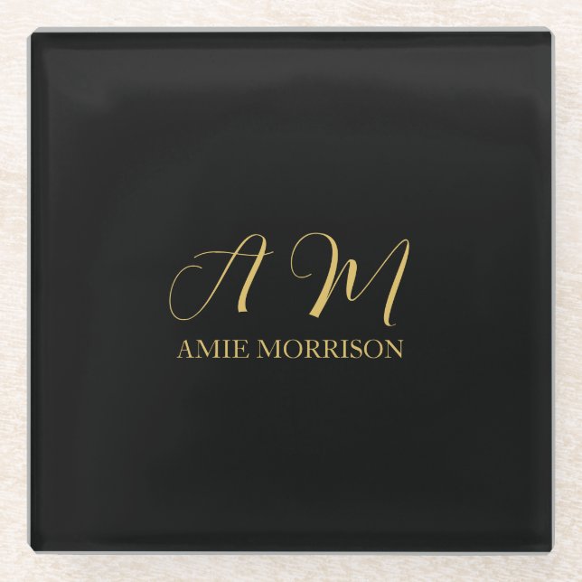 Black Gold Colours Monogram Initial Letter Name Glass Coaster (Front)