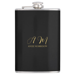 Black Gold Colours Monogram Initial Letter Name Hip Flask