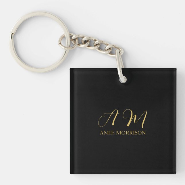 Black Gold Colours Monogram Initial Letter Name Keychain (Front)