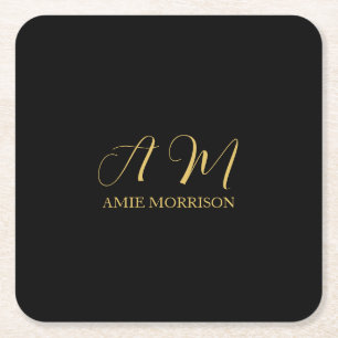 Black Gold Colours Monogram Initial Letter Name Square Paper Coaster