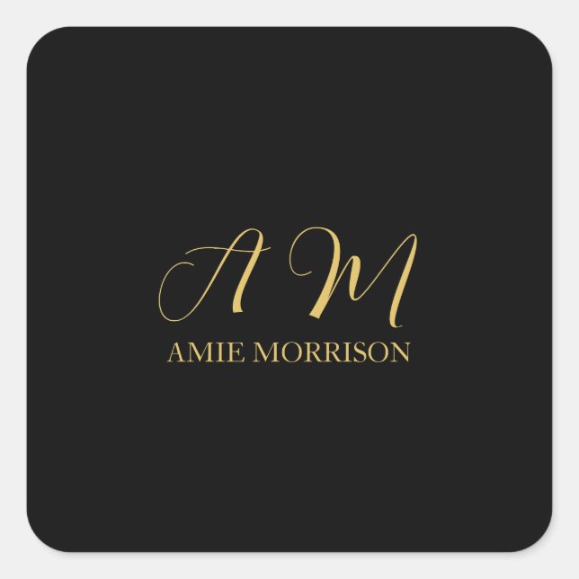 Black Gold Colours Monogram Initial Letter Name Square Sticker (Front)
