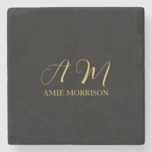 Black Gold Colours Monogram Initial Letter Name Stone Coaster