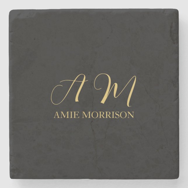 Black Gold Colours Monogram Initial Letter Name Stone Coaster (Front)