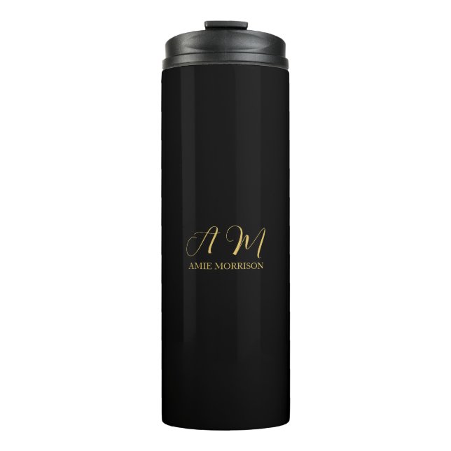Black Gold Colours Monogram Initial Letter Name Thermal Tumbler (Front)