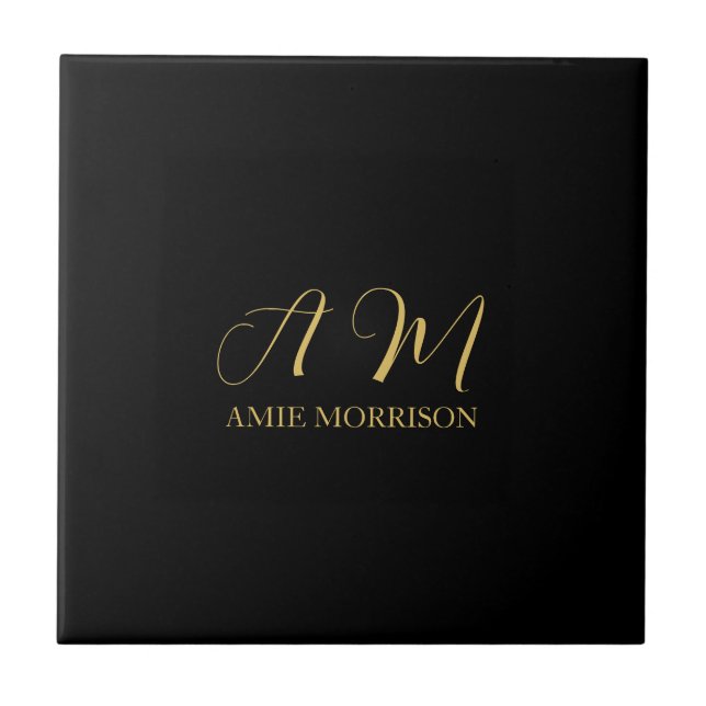 Black Gold Colours Monogram Initial Letter Name Tile (Front)