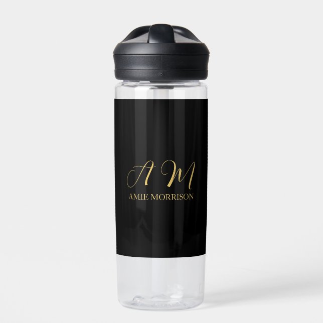 Black Gold Colours Monogram Initial Letter Name Water Bottle (Front)