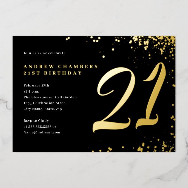 Black Gold Confetti 21st Birthday  (Front)