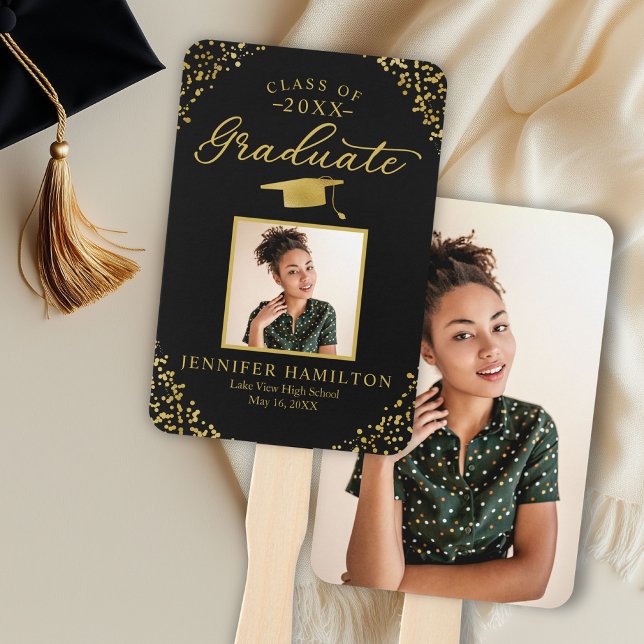 Black Gold Confetti 2 Photo Graduation  Hand Fan (Creator Uploaded)
