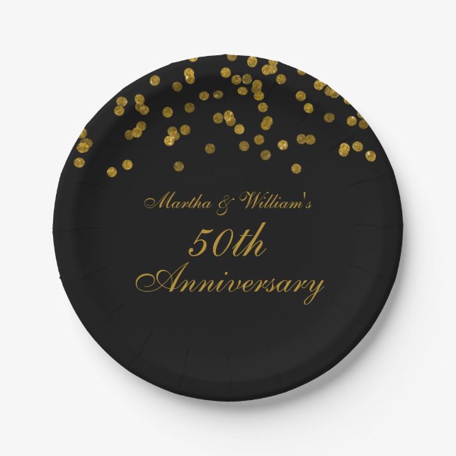Black Gold Confetti 50th Anniversary Paper Plates (Front)