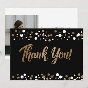 Black Gold Confetti 50th birthday Custom photo Thank You Card