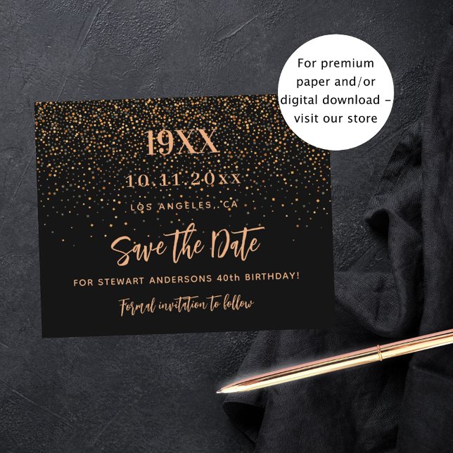 Black gold confetti birthday budget save the date (Creator Uploaded)