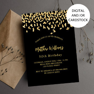 Black gold confetti birthday invitation