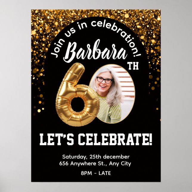 Black Gold Confetti Birthday Invite 60th Poster (Front)