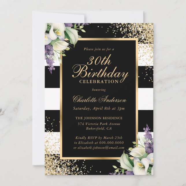 Black Gold Confetti Calla Lily 30th Birthday Invitation (Front)