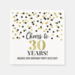 Black Gold Confetti Cheers to 30 Years Birthday Napkin