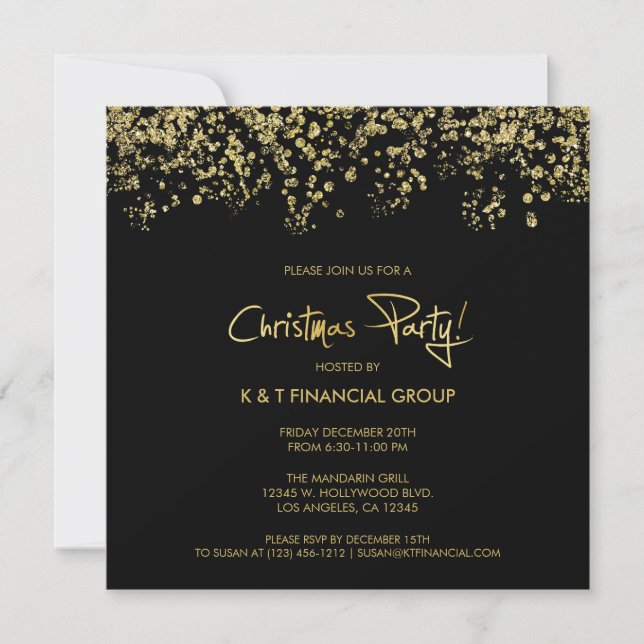 Black & Gold Confetti Company Christmas Dinner Invitation (Front)