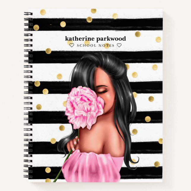 Black Gold Confetti Dots Brunette Girl Pink Floral Notebook (Front)