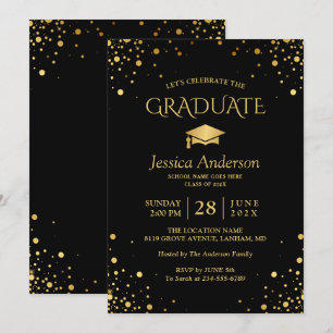 Black Gold Confetti Dots Graduate Graduation Party Invitation