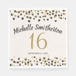 Black Gold Confetti Glitter 16th Birthday Napkin
