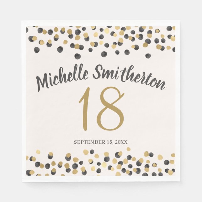 Black Gold Confetti Glitter 18th Birthday Napkin (Front)