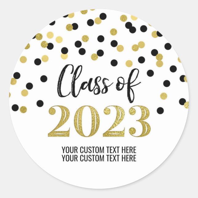Black Gold Confetti Graduation 2023 Classic Round Sticker (Front)