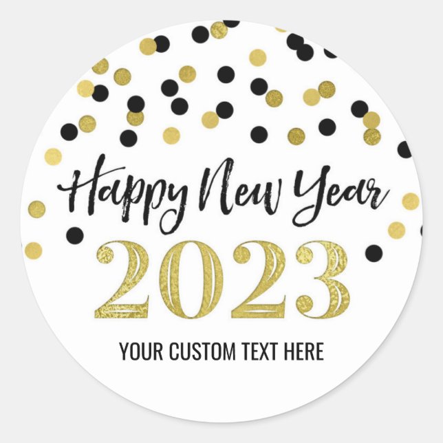 Black Gold Confetti Happy New Year 2023 Classic Round Sticker (Front)