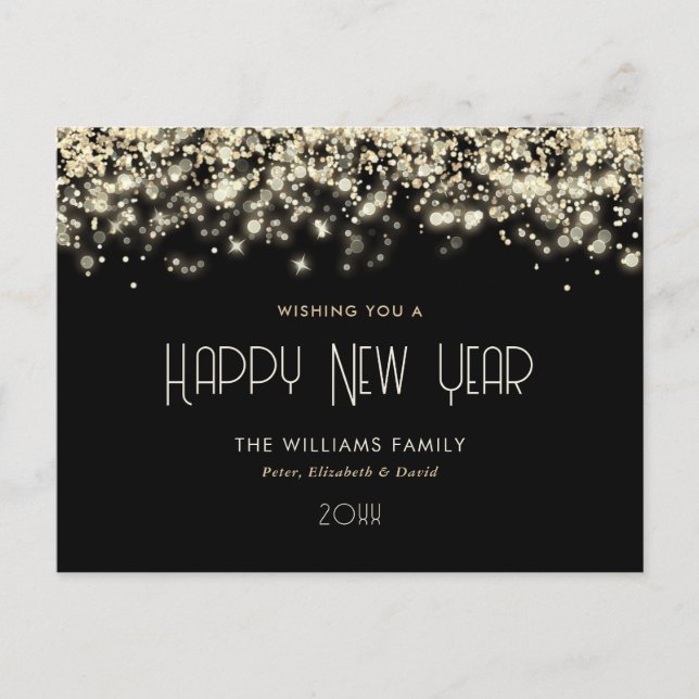 Black Gold Confetti Happy New Year Postcard (Front)