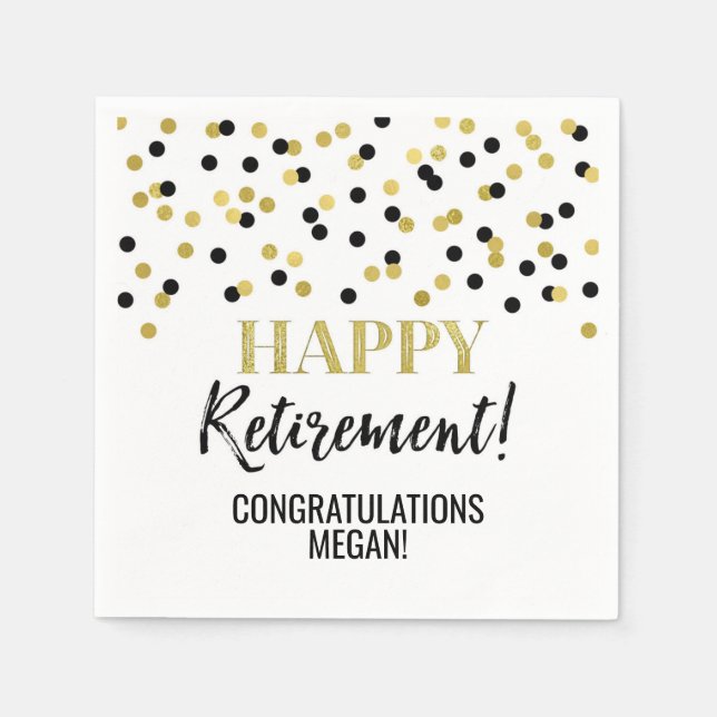 Black Gold Confetti Happy Retirement Napkin (Front)