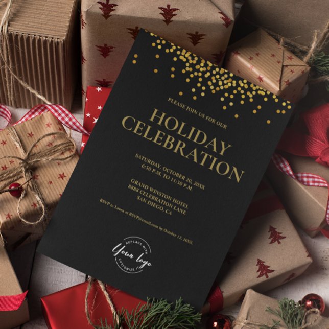 BLACK Gold confetti logo HOLIDAY CELEBRATION Invitation (Creator Uploaded)