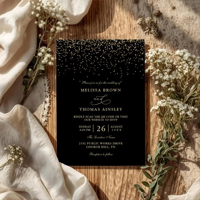 Black Gold Confetti Modern Budget QR Code Wedding Invitation (Creator Uploaded)