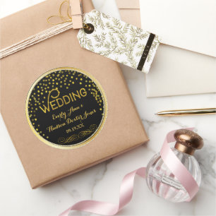Black & Gold Confetti Modern Wedding Classic Round Sticker