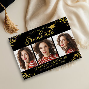 Black Gold Confetti Photo Graduation Announcement 