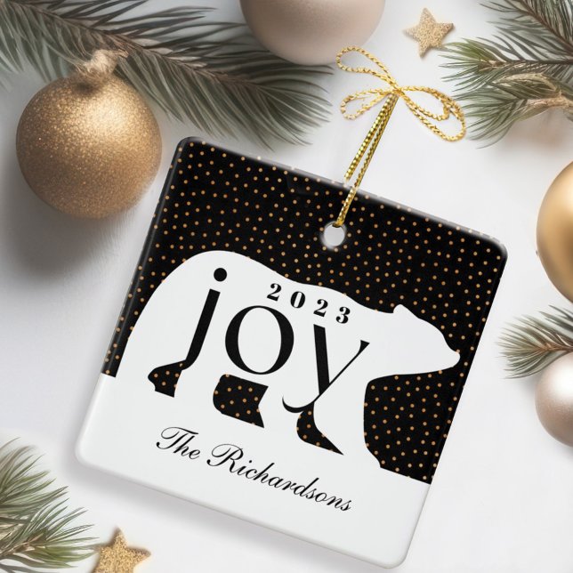 Black & Gold Confetti Polar Bear Joy Family Photo Ceramic Ornament (Black & Gold Confetti Polar Bear Joy Family Photo Ceramic Ornament)